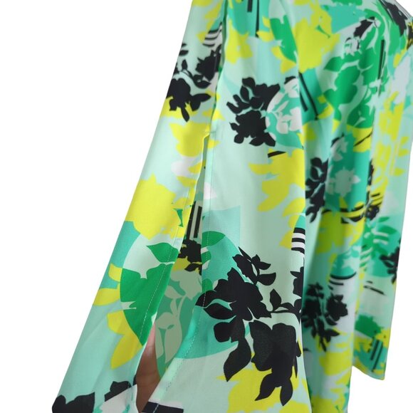 KAARI Blue V-Neck Long keyhole Sleeve yellow green abstract print Dress Size L - Picture 8 of 16